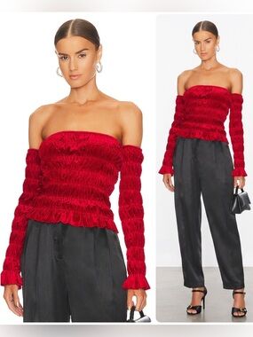Norma Kamali Red Elastic Smocked Tube Top with Detachable Sleeves NWT $175